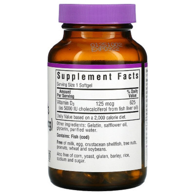 Вітамін Bluebonnet Nutrition Вітамін D3 5000IU (125 мкг), Vitamin D3, 100 желатинових кап (BLB-00321) Вінниця - фото 2