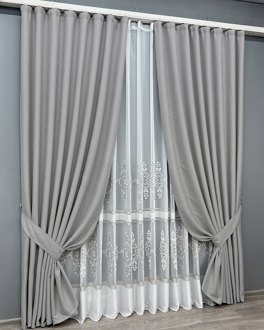 Комплект штор VR-Textil Лен Мешковина 150х270 2шт и Тюль 600х270 867ш-1701т Светло-серый с белым 71-179/5 Киев - изображение 10