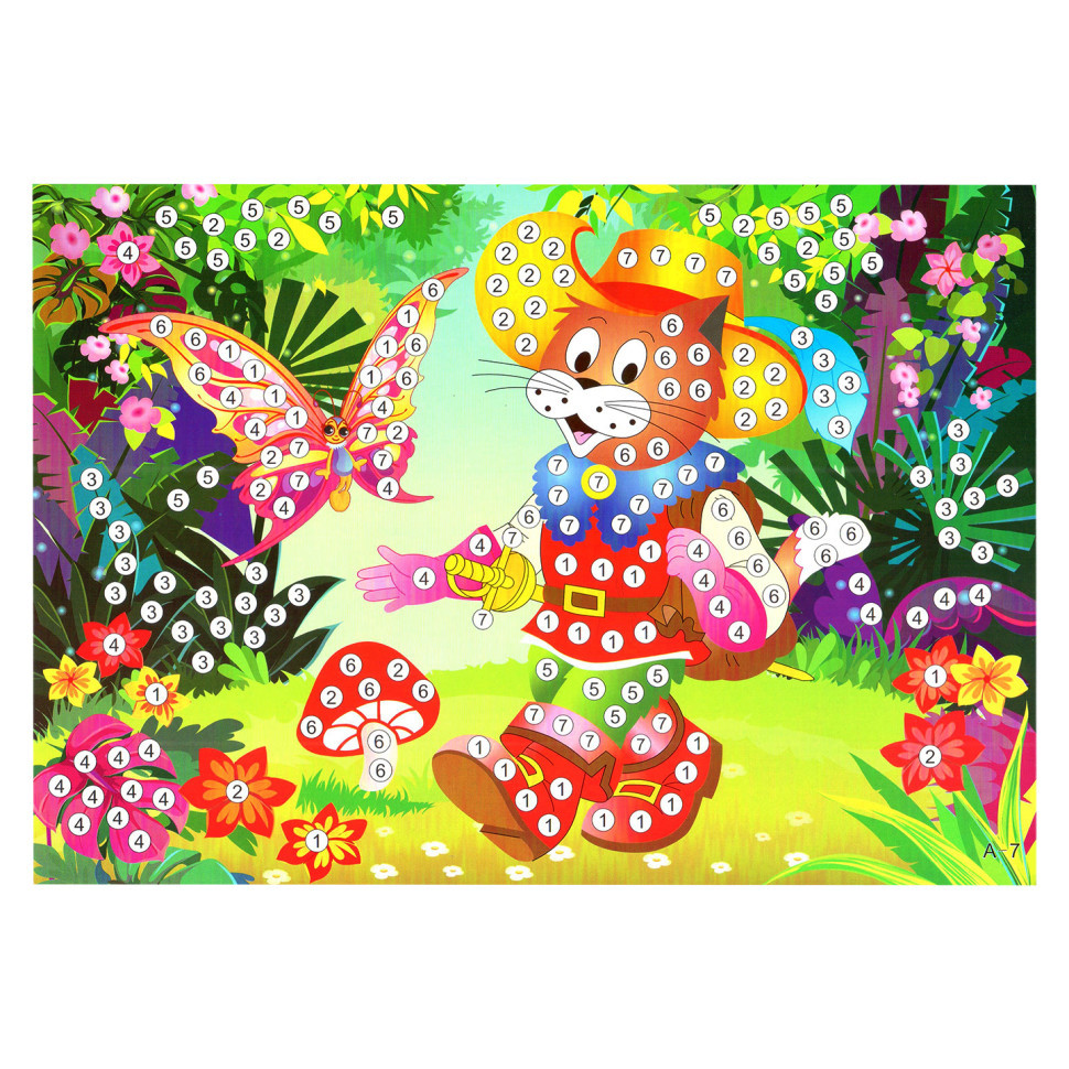 Дитяча мозаїка за номерами "Кіт у чоботях" 13-127-3 різнокольорові камінчики Вінниця - фото 1