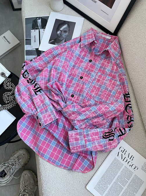 Женская стильная оверсайз рубашка в клетку турецкая фланель Розовый Одесса - изображение 5