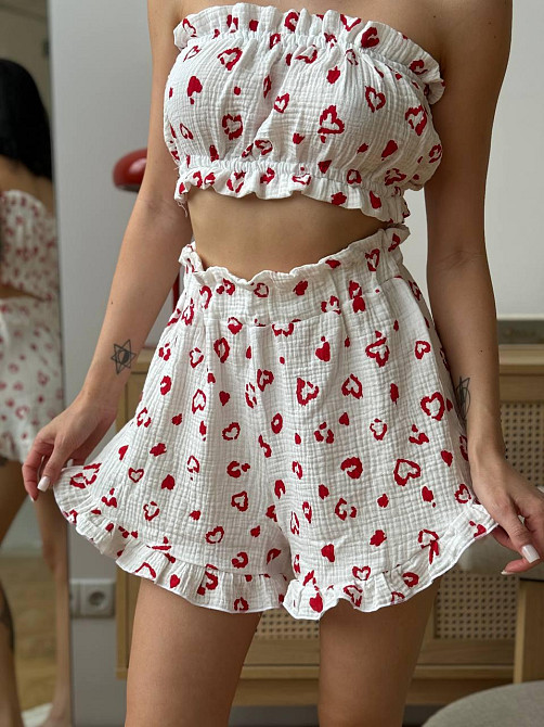 Жіноча ніжна піжама-трійка з мусліну: шорти, топ, халат з поясом Одеса - фото 7