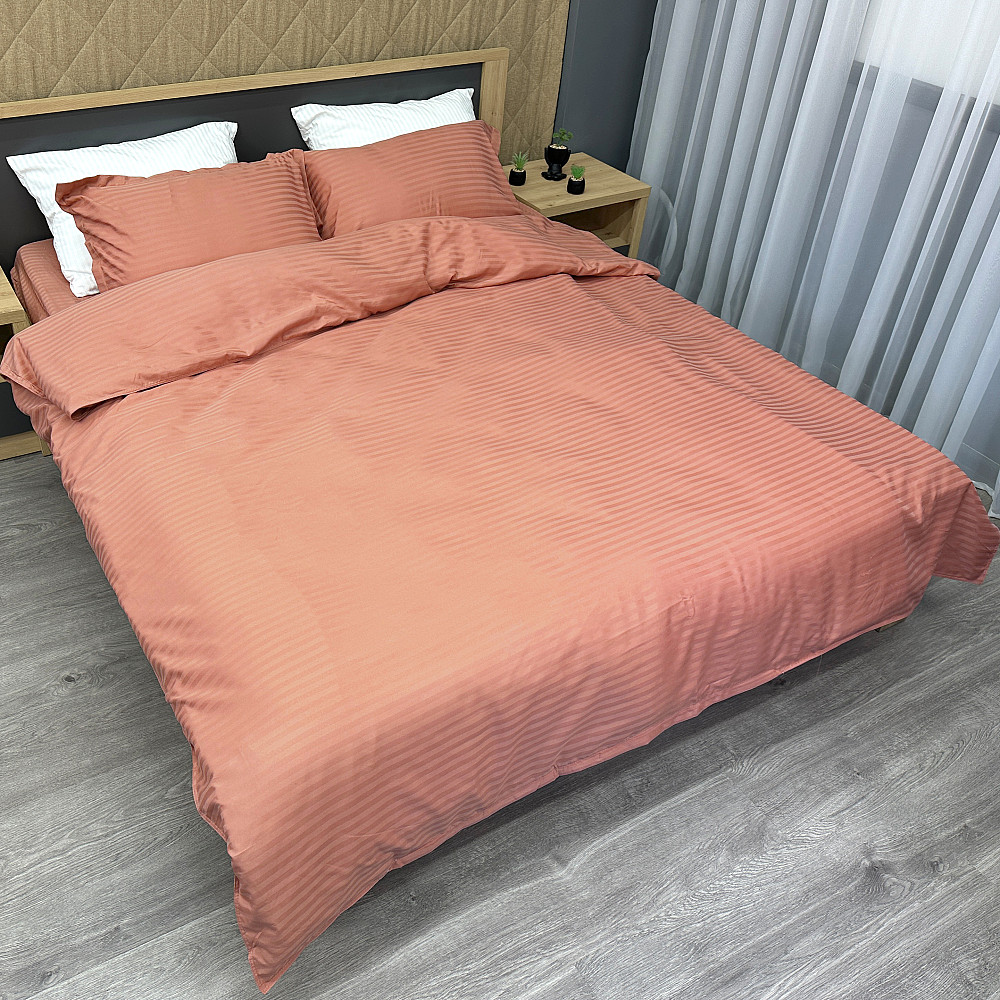 Комплект постельного белья Страйп-сатин Евро 200х230 с простыней на резинке Терракотовый (88-095) Киев - изображение 2