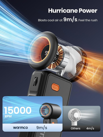 Портативний вентилятор Warmco H1, 5000 мАг, 100 швидкостей, 15000 об/хв, 9 м/с, LED-дисплей, чорний Київ