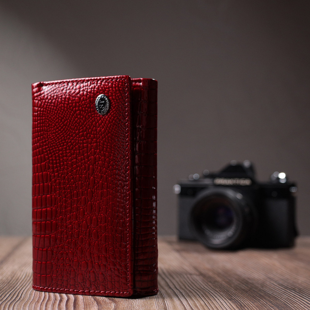 Кошелек женский в три сложения из лакированной фактурной натуральной кожи ST Leather 22708 Красный Киев - изображение 3