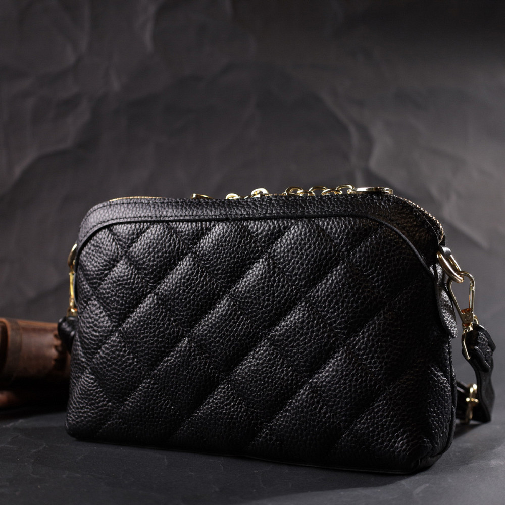 Классическая женская сумка через плечо из натуральной стеганной кожи Vintage 22315 Черная Киев - изображение 7