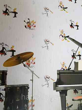 Обои виниловые на флизелине AdaWall Ada Kids метровые детские герои мультфильма Луни тюнз полосы зеленые белые Киев