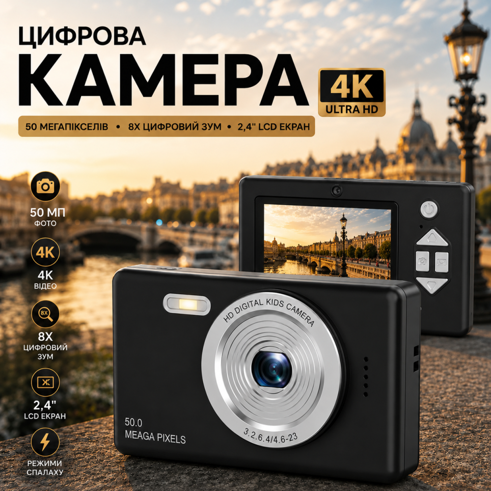 Цифровая камера 4K 50МП: компактный фотоаппарат для видеоблогов, 8х зум, 2.4