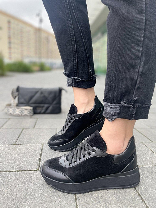 Mermaid Кросівки жіночі Mermaid чорні шкіра + замша весна-осінь (5155) Коломия - фото 1