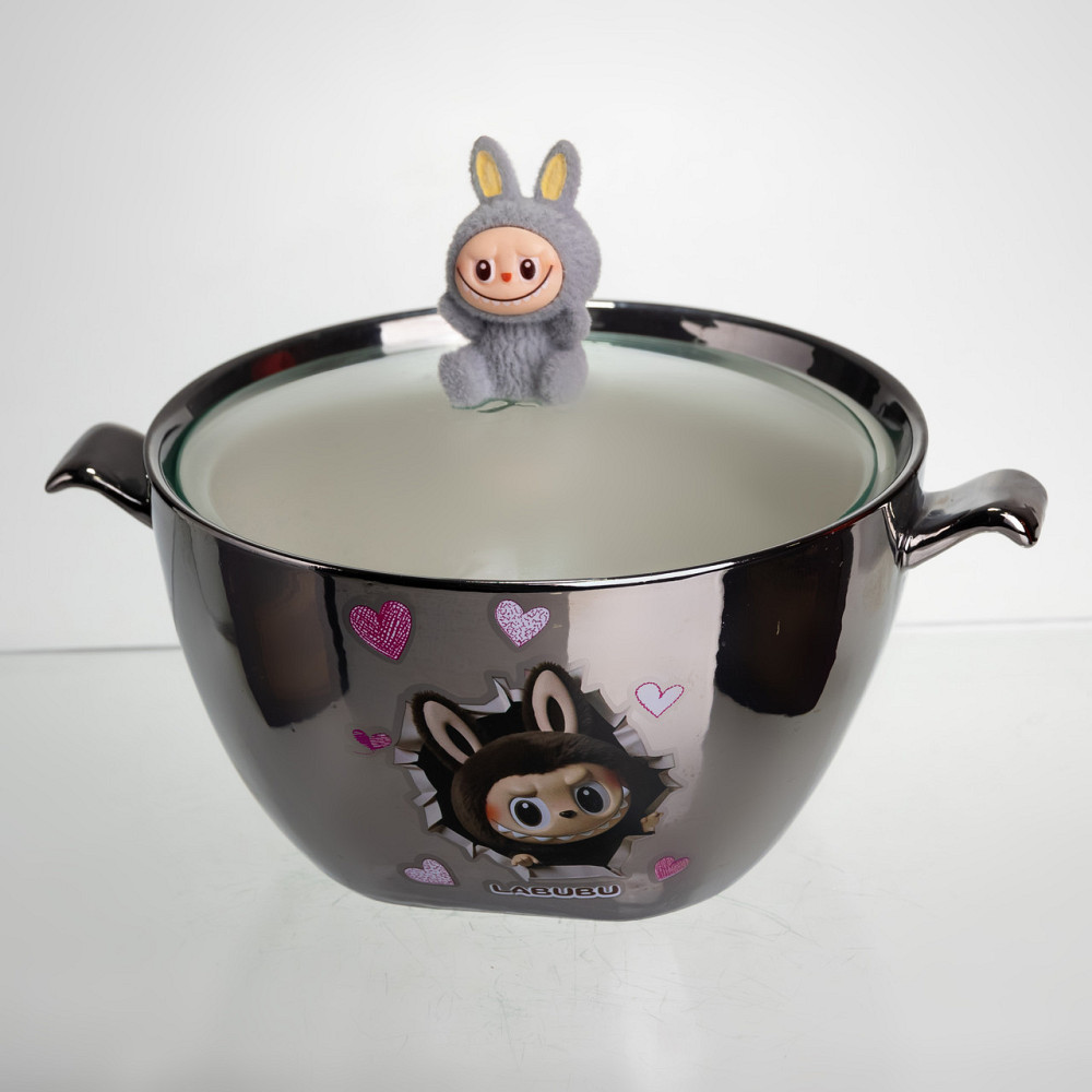 Бульйонниця порцелянова Labubu з кришкою та ручками 800 (мл) Ø15 (см) дитяча тарілка для супу та локшини Сріблястий з сірим FM-34A Київ - фото 1