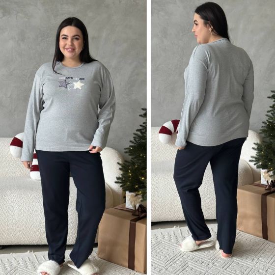 Піжама жіноча великого розміру штани та лонгслів батал PLUS SIZE з вишивкою зірки для дому та сну з довгими рукавами сіра 3XL Одеса
