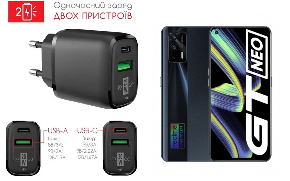 Сетевое зарядное устройство для Realme GT Neo 3T, 20W 3A, Quick Charge 3.0 Киев - изображение 1