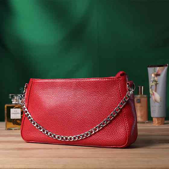 Яскрава сумка багет з ланцюжком і знімним ремінцем з натуральної шкіри Червона (SHVIGEL) Київ