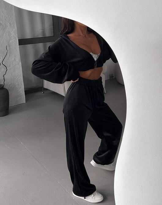 Женский плюшевый прогулочный костюм двойка: кофта и штаны турецкий велюр Черный, 46/48 Одесса - изображение 2