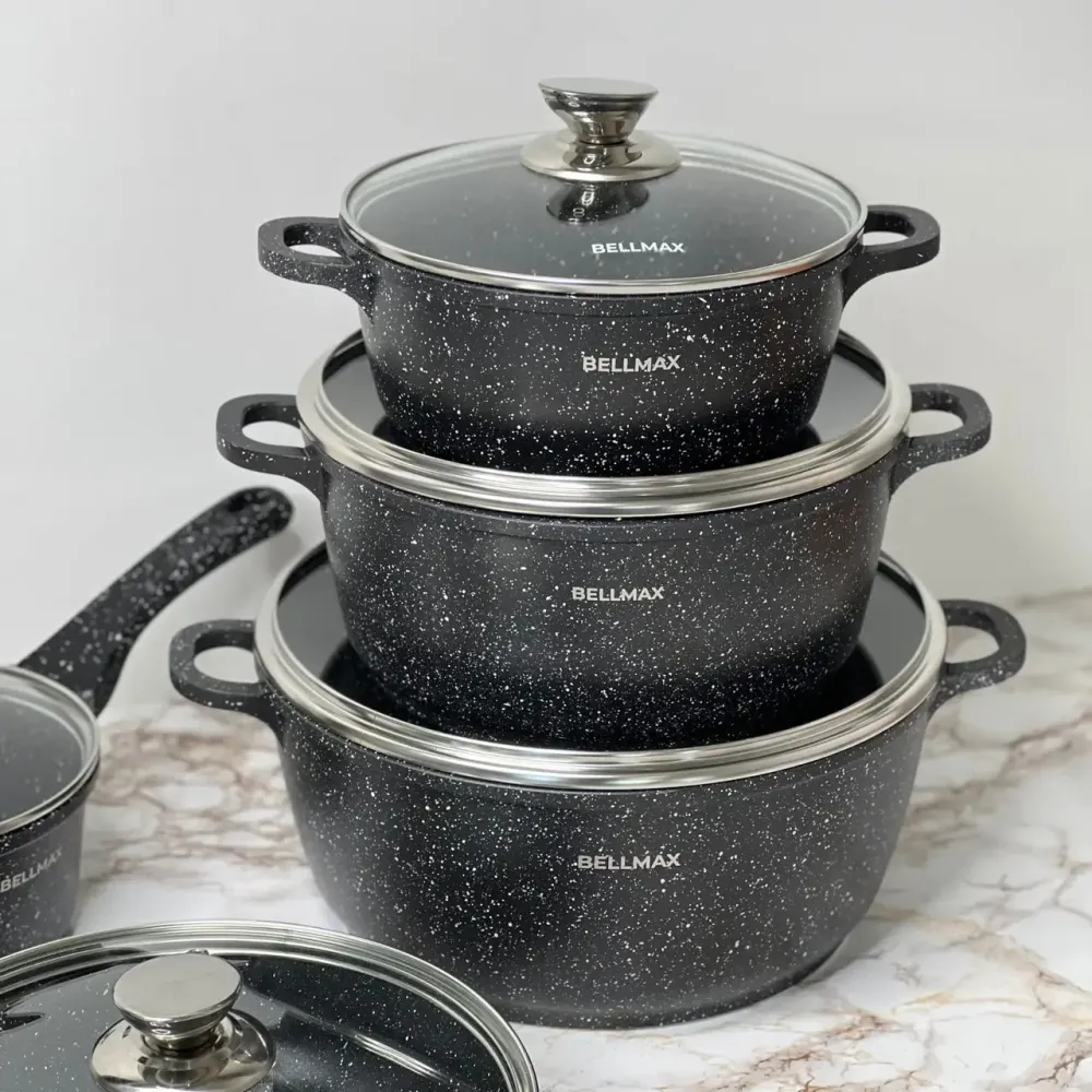 Набор посуды с гранитным антипригарным покрытием BellMax BM-305 из 12 предметов Черный Коломия - фото 3