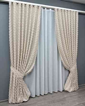 Комплект штор VR-Textil Лен Букле 150х270 2шт и Тюль 400х270 1806ш-115т Айвори с белым 71-042/3 Киев