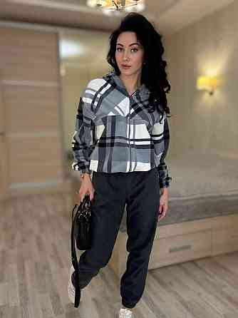 Женский прогулочный теплый костюм: кофта в клетку и штаны турецкий двусторонний флис Графит, 46/48 Одесса