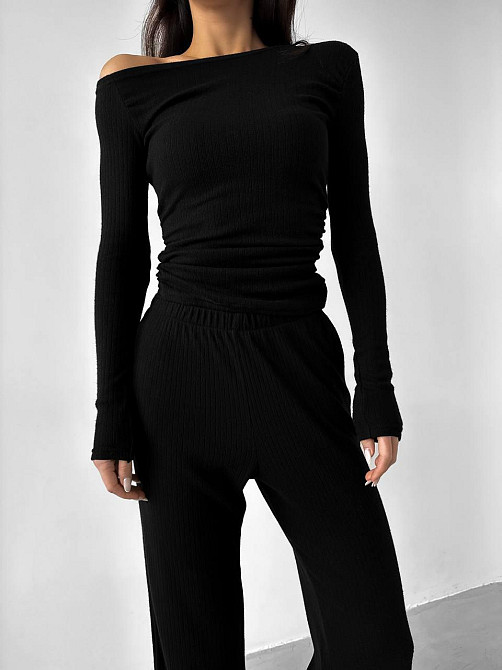 Женский базовый костюм двойка: лонгслив и брюки ангора рубчик Черный, 44/46 Одесса - изображение 3