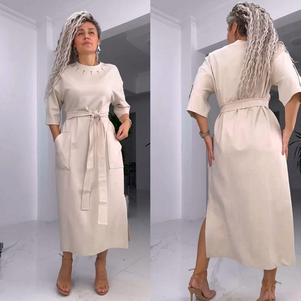 Женское стильное батальное платье трикотаж двунитка. Беж, 48/52 Одесса - изображение 8