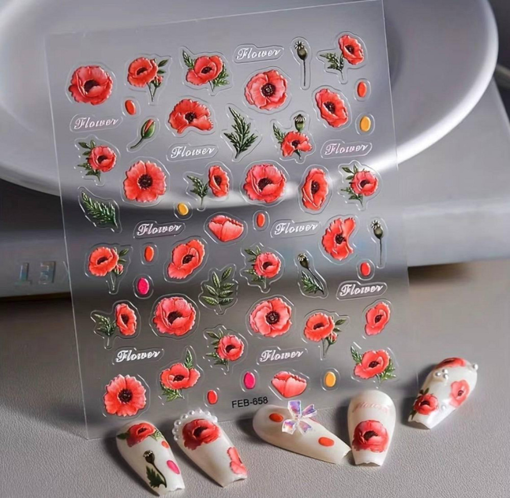 3D наклейки для нігтів квіти маки, водонепроникні слайдери для манікюру Київ - фото 4