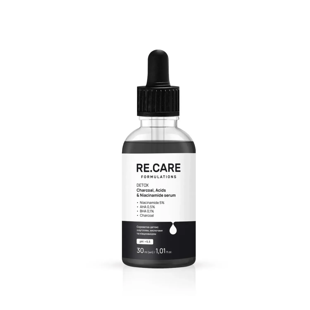 Сыворотка-детокс с углем, кислотами и ниацинамидом Detox Charcoal, Acids & Niacinamide Serum RE.CARE 30 мл Киев - изображение 2