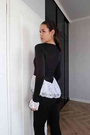 Жіночий елегантний костюм-двійка: кофта з мереживом і штани-кльош дайвінг+францезьке мереживо Білий, 46/48 Одеса