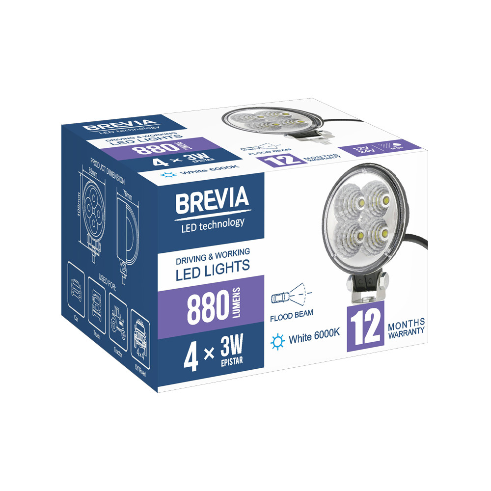 Фара світлодіодна Brevia Epistar Flood 10-30V, 12W (4x3W), 880Lm, 1шт Львів - фото 6