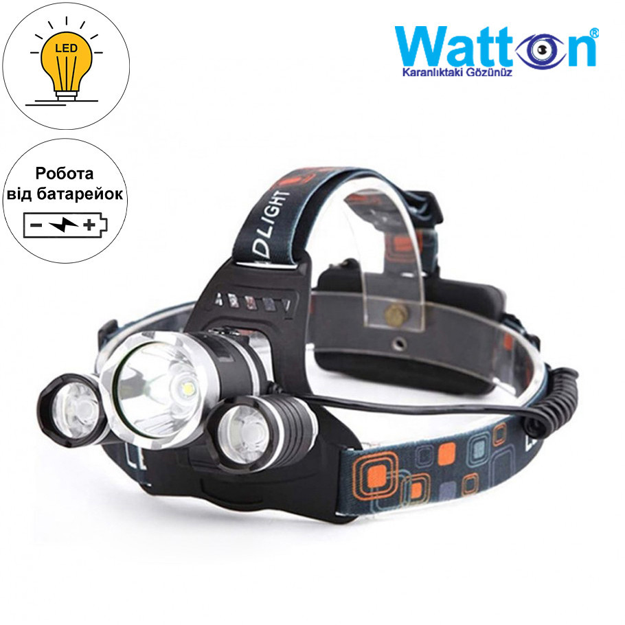 Мощный налобный аккумуляторный фонарь WT-256 с 3 фонариками, 2 аккумуляторные батареи 18650 зум на 250м Каменец-Подольский - изображение 1