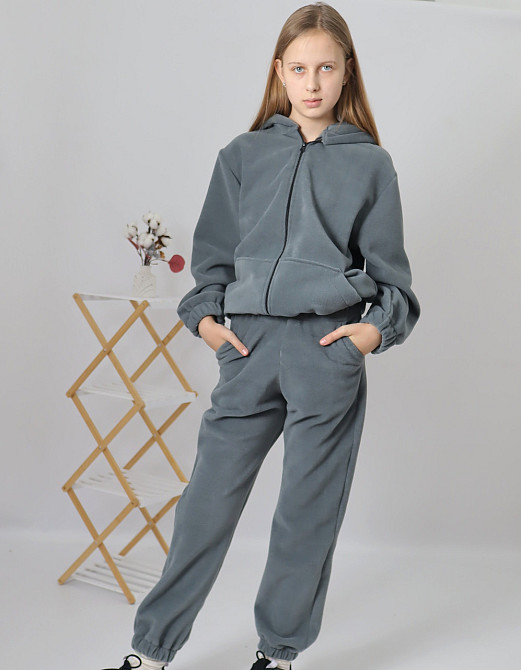 Дитячий флісовий теплий костюм на зиму (толстовка на блискавці з капюшоном + штани) Сіро-зелений 140 Кам'янець-Подільський - фото 1