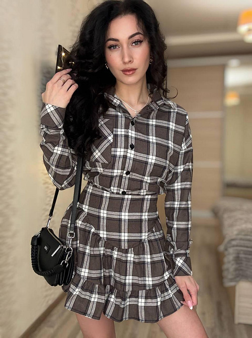 Жіночий стильний костюм двійка: сорочка і спідниця у клітинку бавовна тіар Одеса - фото 6