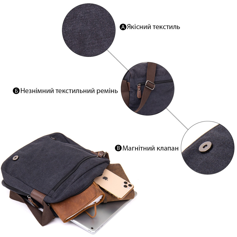 Сумка почтальонка текстильна Vintage 20604 Чорна Київ - фото 8