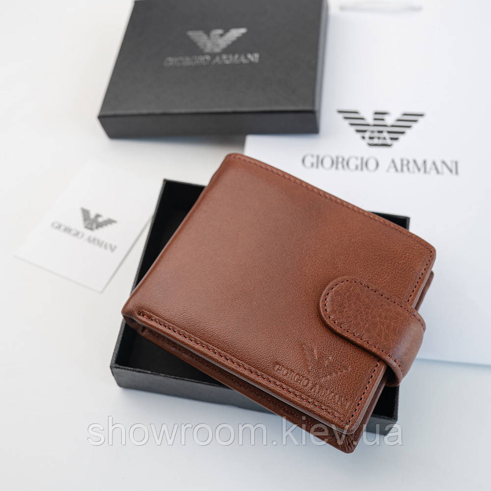 Мужское кожаное портмоне на кнопке Armani (2081) brown Киев - изображение 1