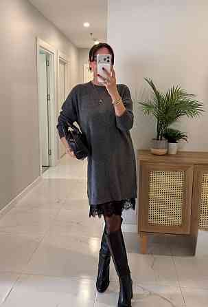 Женское платье-туника с кружевом по низу двухсторонняя ангора Графит, 48/52 Одесса