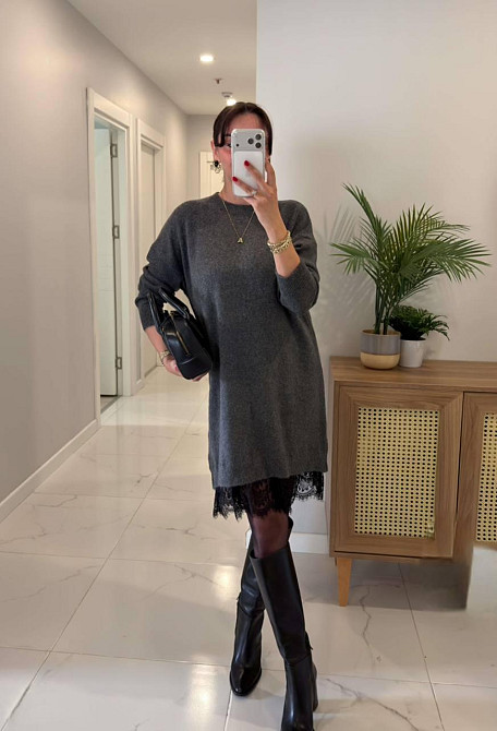 Женское платье-туника с кружевом по низу двухсторонняя ангора Графит, 48/52 Одесса - изображение 2