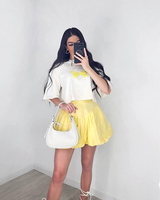 Женский летний романтичный костюм двойка: футболка и юбка турецкий кулир + коттон Желтый, 42/44 Одесса - изображение 5