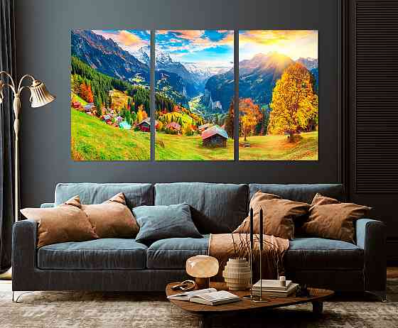 Модульная картина в гостиную / спальню   Хатинки в горах    ART-202_3A 70х130 см Киев