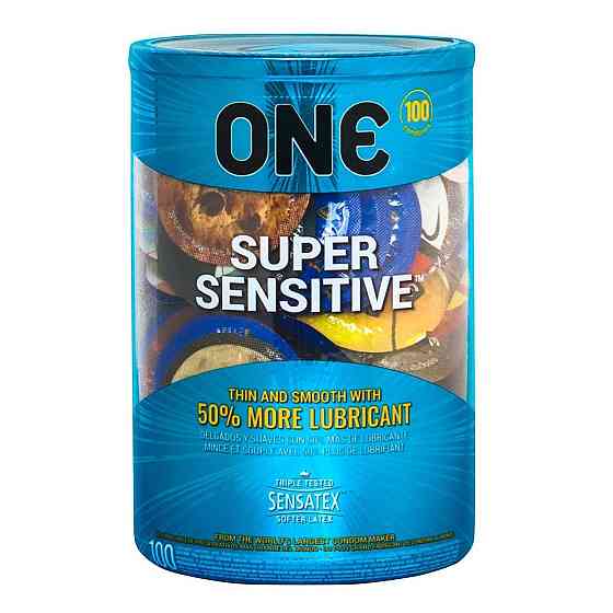 Набір презервативів ONE Super Sensitive, 100 шт, гладенькі, з додатковою змазкою, паковання-тубус Sex Aura Київ
