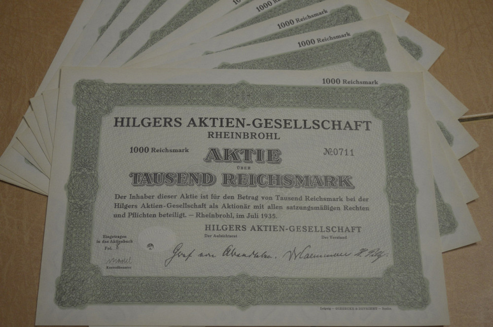 Акция. Германия. Hilgers Aktien-Gesellschaft--1000reichmark 1935 год aUNC-UNC (5 - 20) Полтава - изображение 1