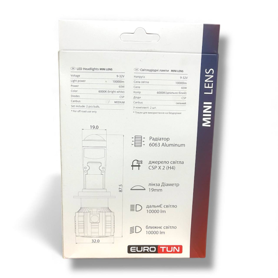 Светодиодные LED лампы EuroTun Mini Lens H4 60W 6000K 10000lm CANBUS Киев