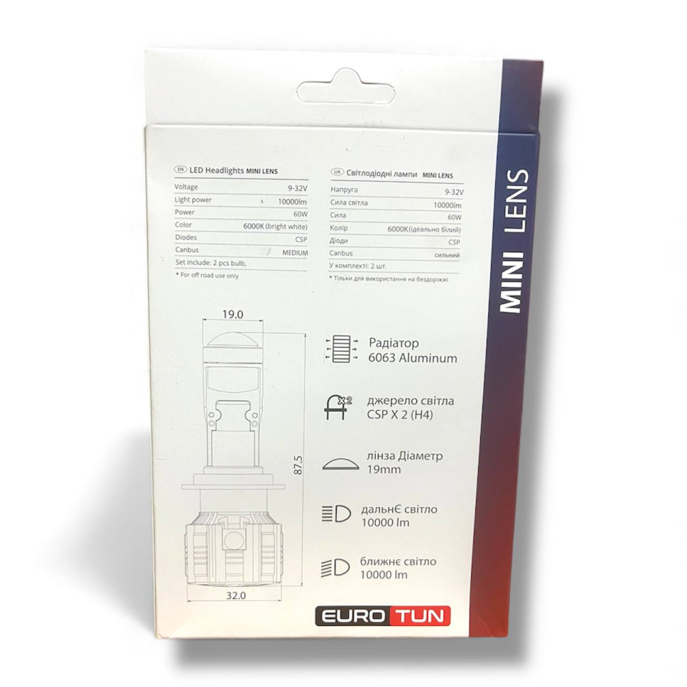 Світлодіодні LED лампи EuroTun Mini Lens H4 60W 6000K 10000lm CANBUS Київ - фото 5