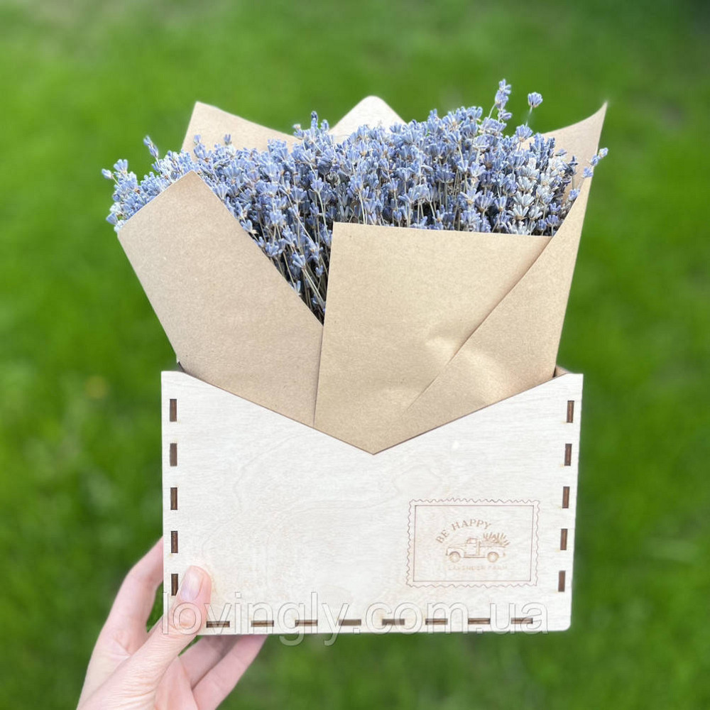 Композиция с цветами лаванды. Сухоцветы лаванды в кашпо в виде конверта. Ирпень - изображение 1