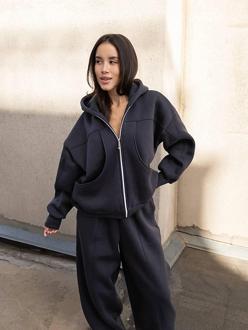 Женский теплый костюм двойка свободного кроя на каждый день турецкая трехнитка на флисе Графит Одесса - изображение 7