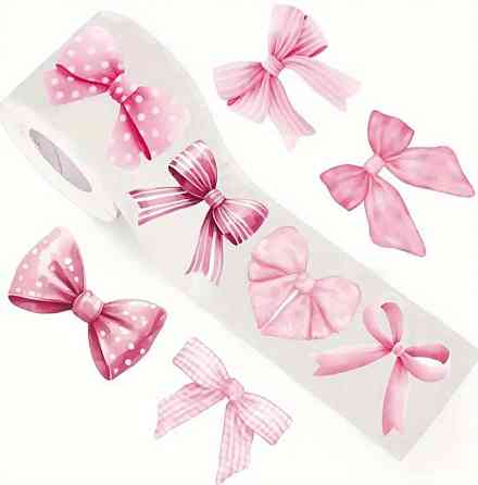 Рулон стикеров бантики – 500 штук розовых наклеек, 8 дизайнов Киев