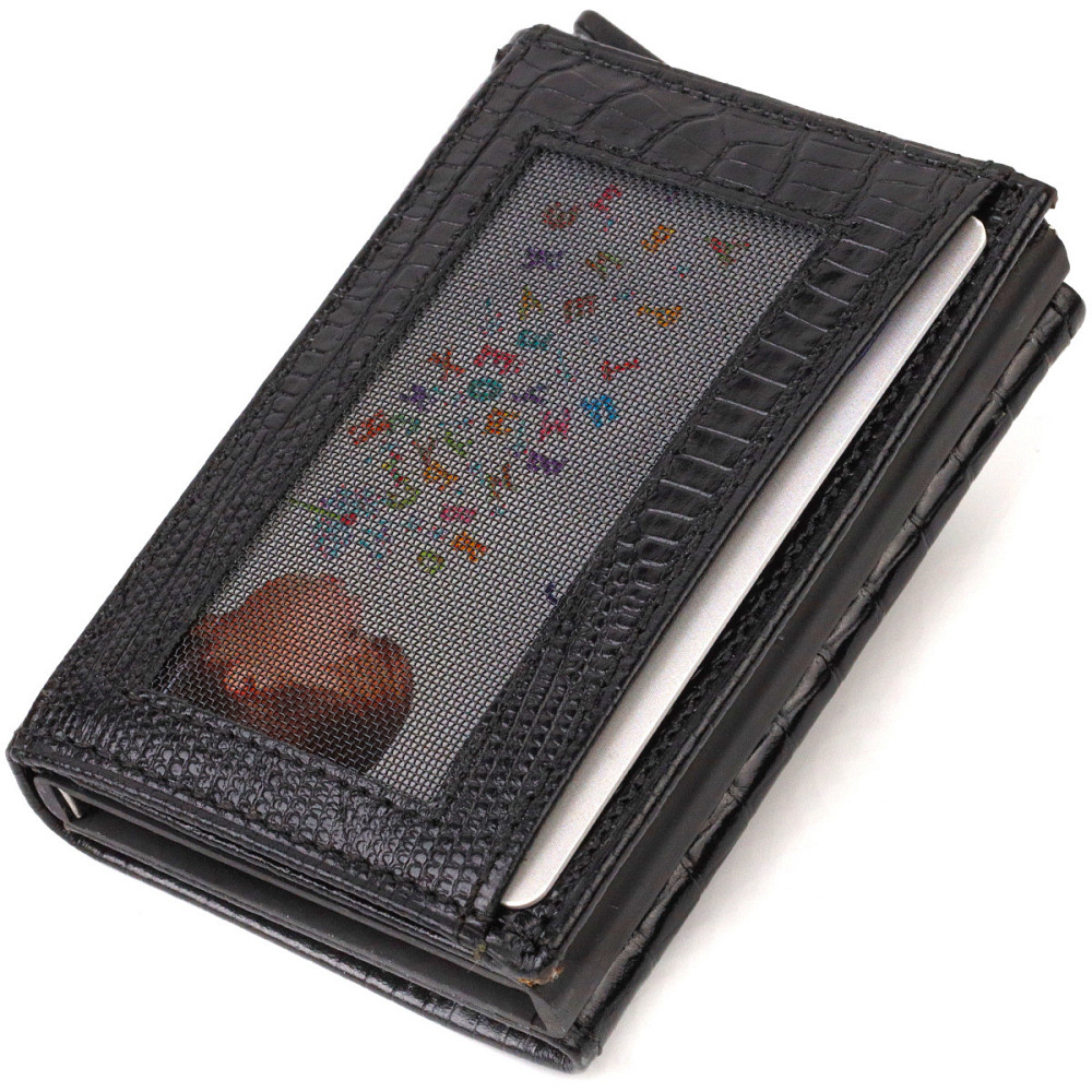 Фактурний картхолдер унісекс у три складання з автоматичним механізмом з натуральної шкіри з тисненням CANPELLINI 21931 Чорний Київ - фото 5