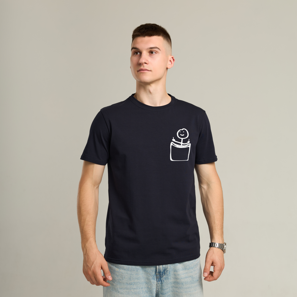 Футболка мужская однотонная темно-синяя Pobedov Peremoga - наклейка Человечек с факами Киев - изображение 1