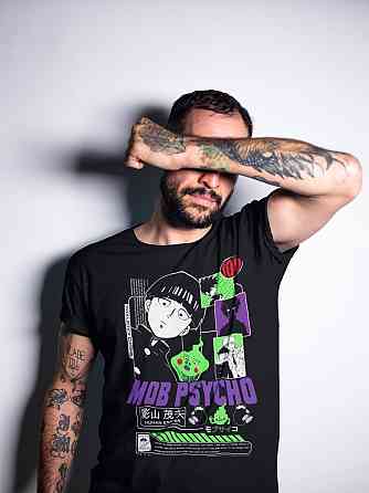 Футболка для хлопчика з аніме принтом Моб Псйкхо Манга Стріп оверсайз (зріст від 165 до 180) Чорний AnimeJ0125m Дніпро