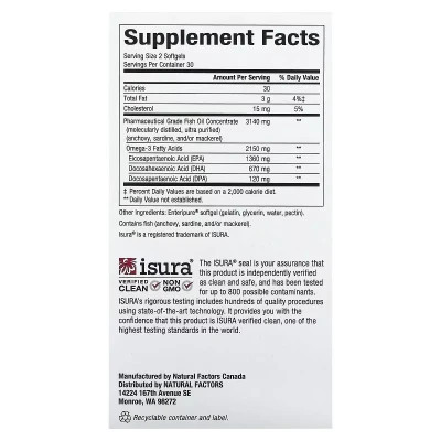 Жирные кислоты Natural Factors Омега-3 ультра, 2150 мг, RxOmega-3 Ultra Strength, 150 гелевих капсул (NFS-35490) Винница - изображение 2