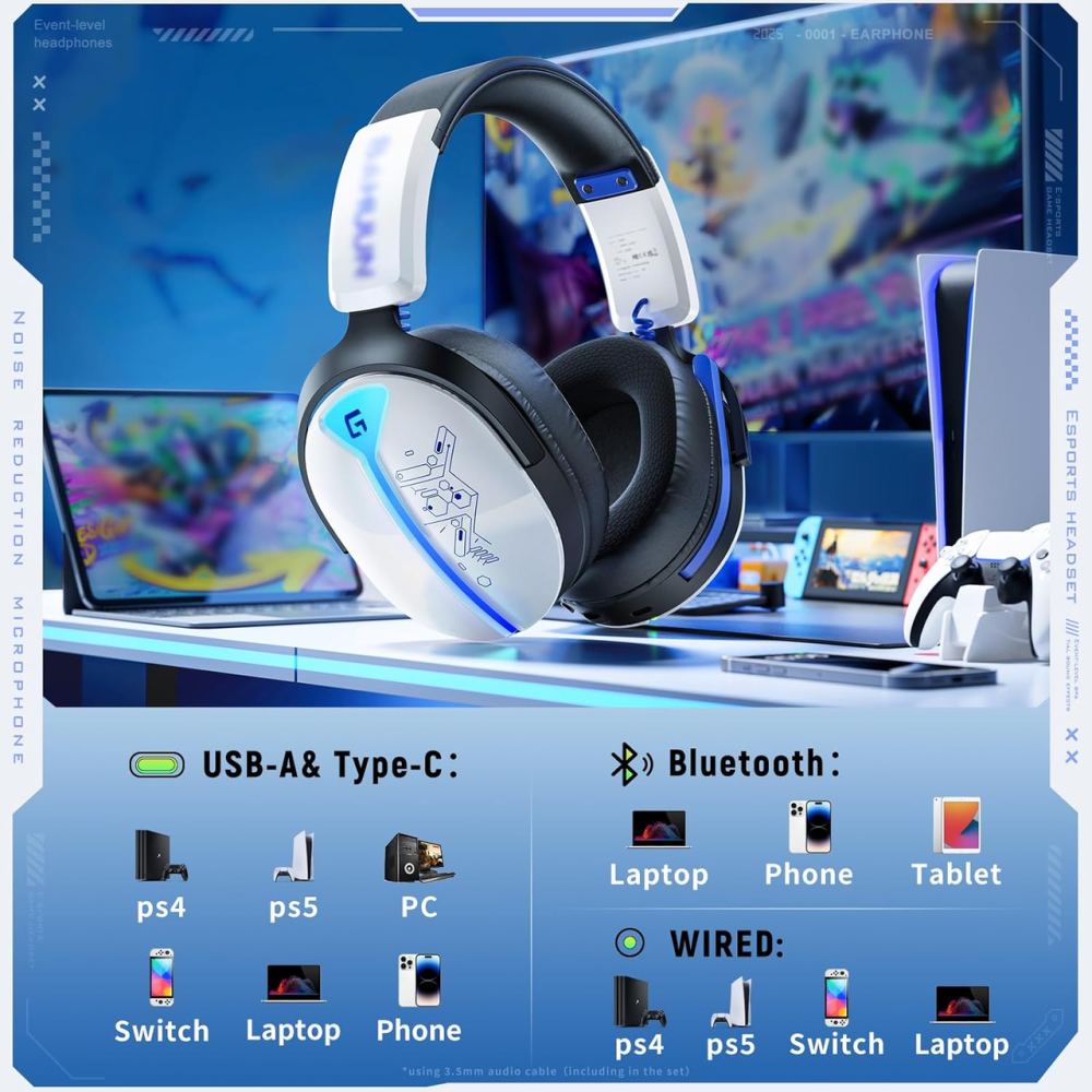 Бездротова ігрова гарнітура PS5 для ПК PS5 PS4 Switch 2,4 ГГц Bluetooth 5.3 акумулятором 40 годин, RGB-підсвічування Київ - фото 8