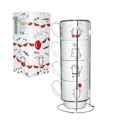 Набір чашок Cat story 4 предмети 320мл на металевій стійці 021-04-06 S&T Житомир - фото 3