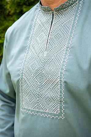 Вишиванка лляна чоловіча, довгий рукав, колір полин, топ Київ