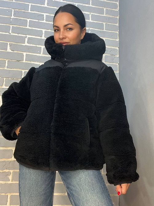 Куртка жіноча Lady Yep 9055 тедді комбінована штучне хутро оверсайз з капюшоном, чорний, 44-48 Київ - фото 1